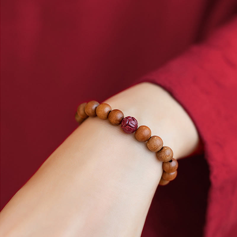 Pulsera de riqueza y suerte con Buddha Stones, madera de melocotón, loto, cinabrio