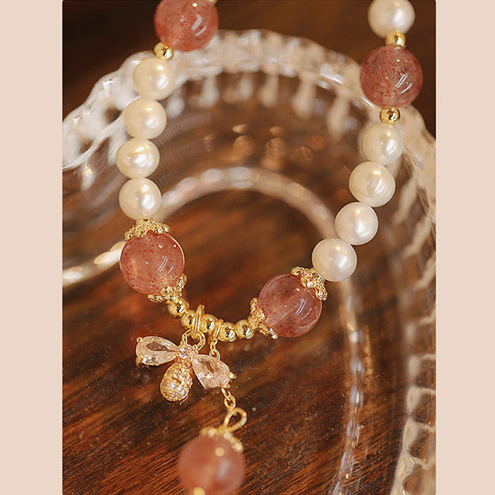 Pulsera con dije de abeja y miel curativa de cuarzo fresa y perlas naturales con Buddha Stones