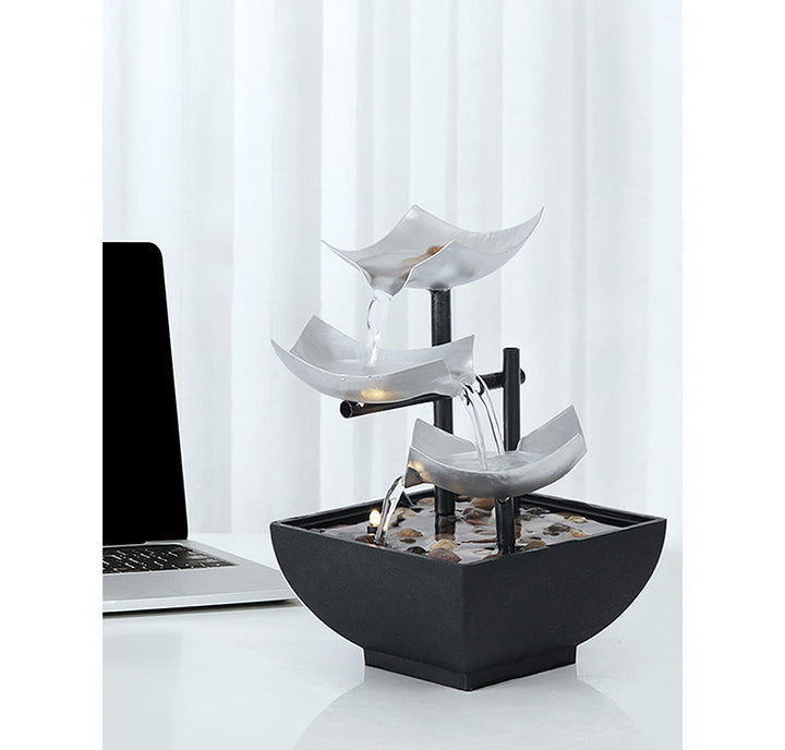 Adornos de loto de mesa de fuente de cascada de tres capas con decoración de escritorio de rocas de río