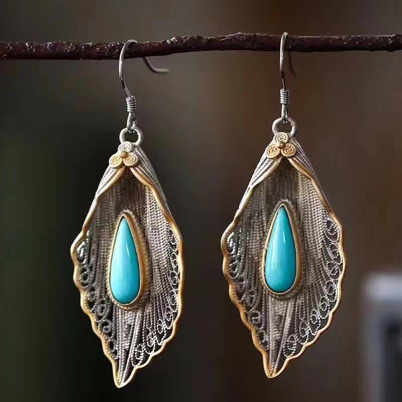 Pendientes colgantes de plata de ley 925 con diseño de hoja de Bodhi turquesa