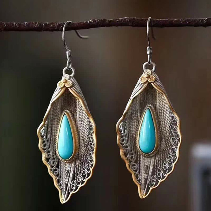 Pendientes colgantes de plata de ley 925 con diseño de hoja de Bodhi turquesa