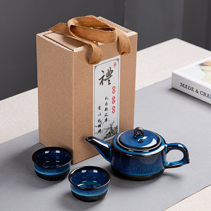 Juego de caja con bolsa de regalo portátil, tetera de cerámica de té Gongfu chino, Color degradado en azul, Buddha Stones