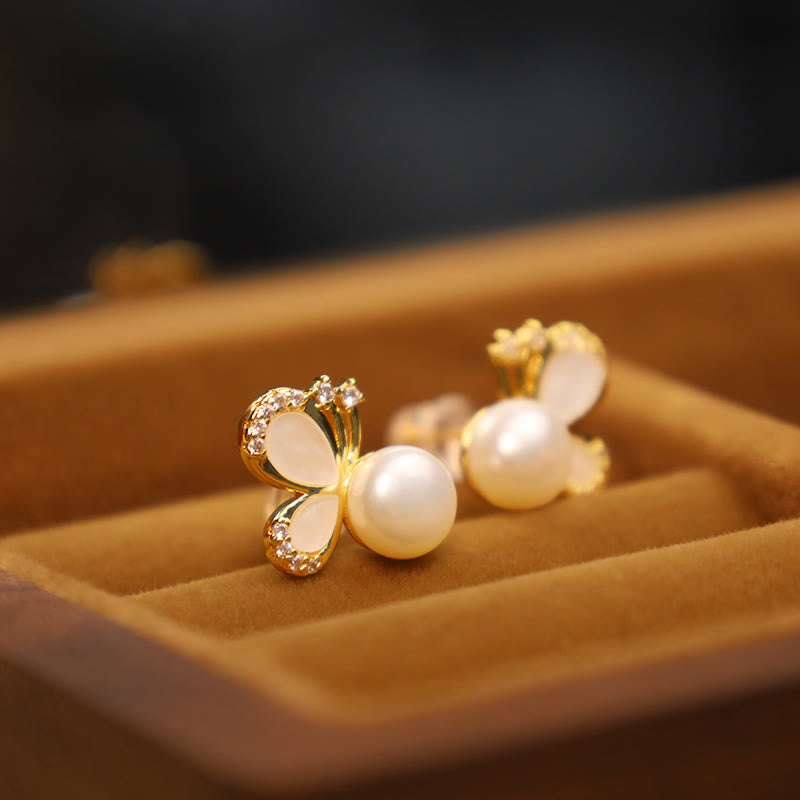 Pendientes de tuerca curativos con Buddha Stones, postes de plata de ley 925, cobre chapado en oro de 18 quilates, perlas naturales, mariposa y circonita