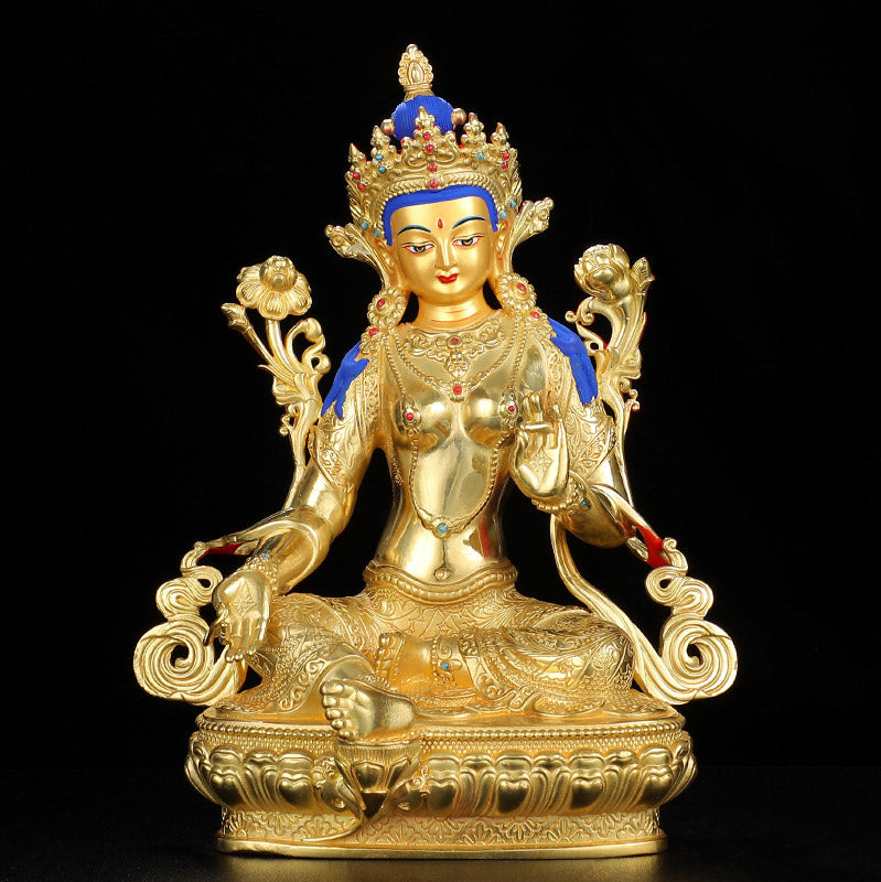 Bodhisattva Tara Verde Protección Cobre Chapado En Oro Estatua Decoración