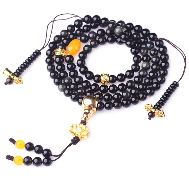 Pulsera Mala de cumplimiento de loto de obsidiana negra natural con 108 Buddha Stones