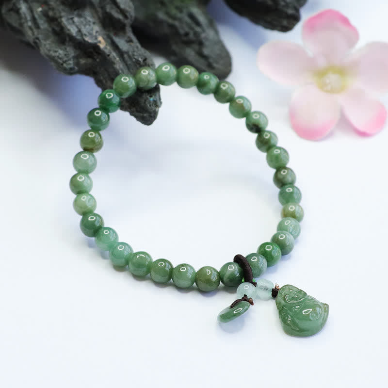 Pulsera curativa de jade cian de Buda sonriente con Buddha Stones de Buda