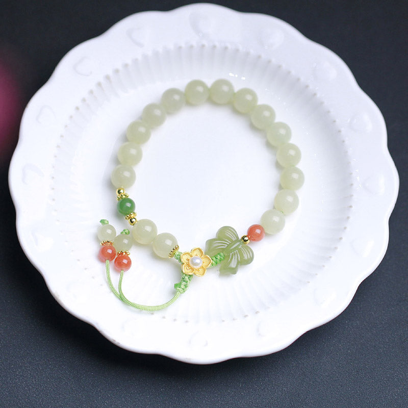 Pulsera de mariposa y flor de la suerte de jade de plata de ley 925 con Buddha Stones