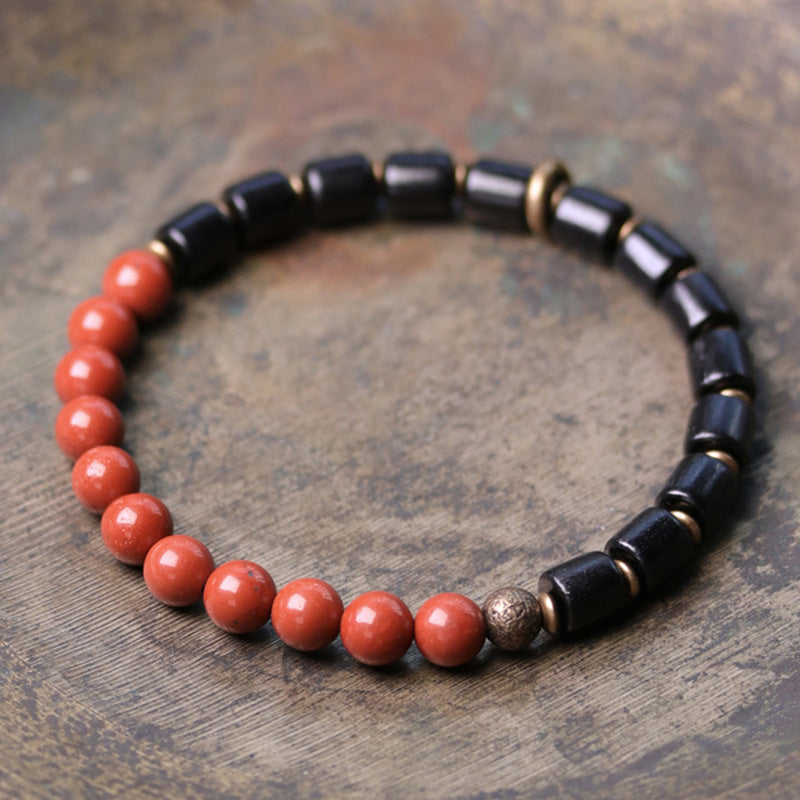 Pulsera de pareja de paz con Buddha Stones, madera de ébano, jaspe rojo, ágata de musgo, cristal, cobre