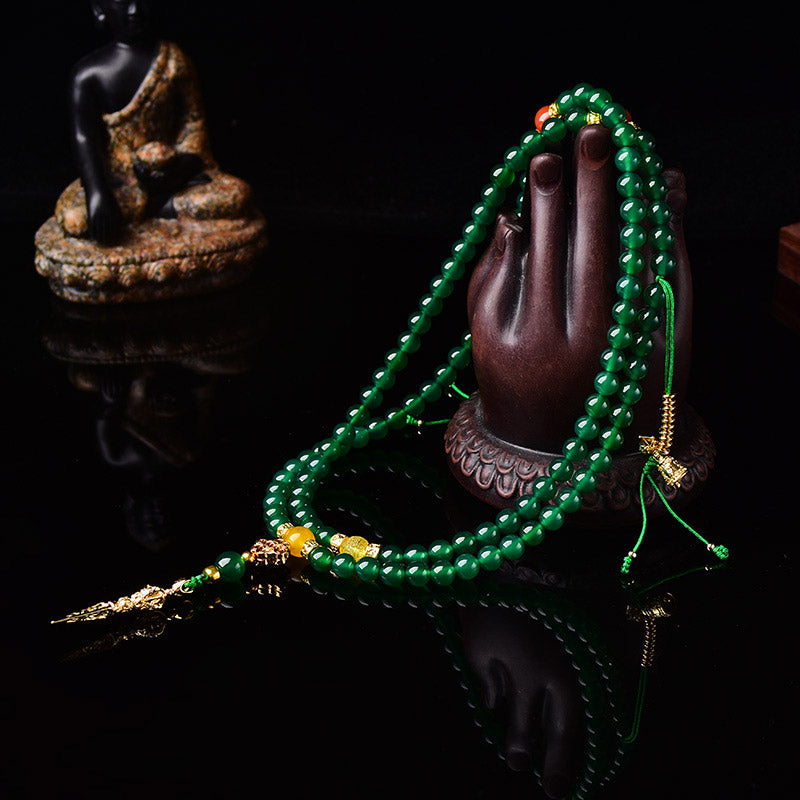 Pulsera de éxito de ágata verde natural con 108 Buddha Stones Mala