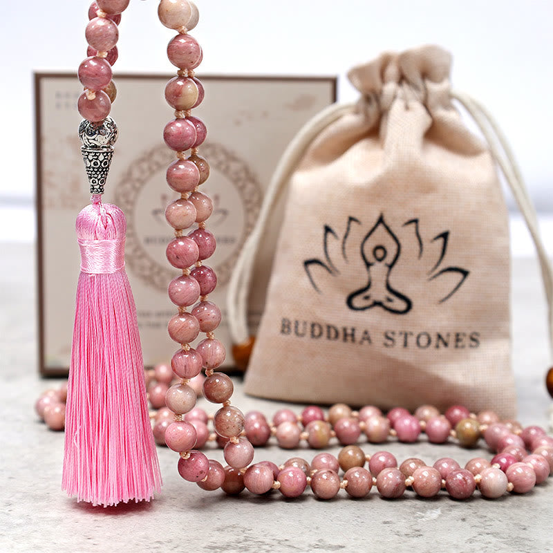 Buddha Stones 108 Mala cuentas de rodonita Yoga meditación cuentas de oración pulsera