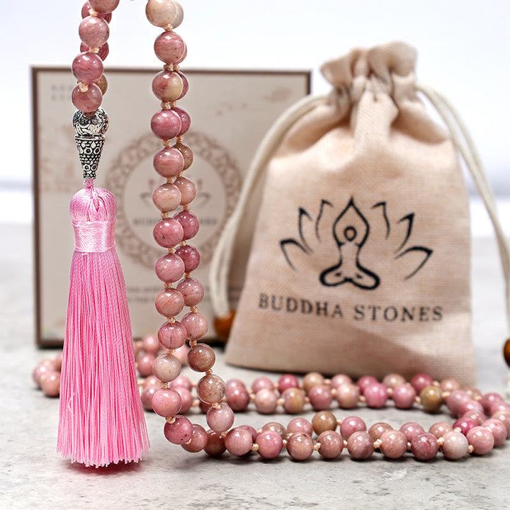 Buddha Stones 108 Mala cuentas de rodonita Yoga meditación cuentas de oración pulsera