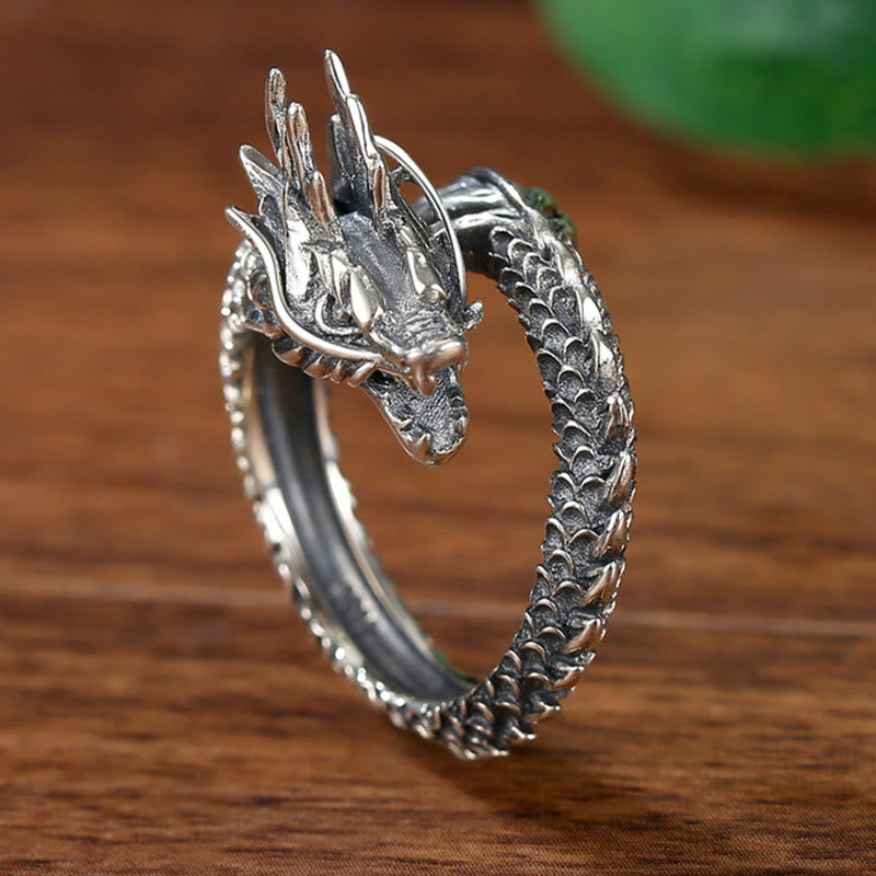 Anillo ajustable de plata de ley 925 con Buddha Stones , diseño vintage de dragón, protección del éxito, fuerza