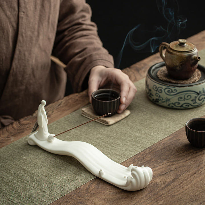 Quemador de incienso de cerámica con bendición de montaña, ola de mar, monje Buda, decoración