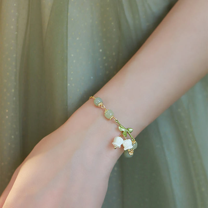 Pulsera de cadena de prosperidad de lirio de los valles con cuentas de jade verde y Buddha Stones