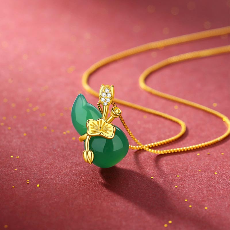 Collar con colgante de abundancia de hojas de loto y calabaza de jade cian con Buddha Stones - Jade cian - image 1