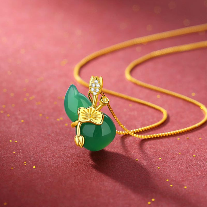 Collar con colgante de abundancia de hojas de loto y calabaza de jade cian con Buddha Stones - Jade cian - image 1