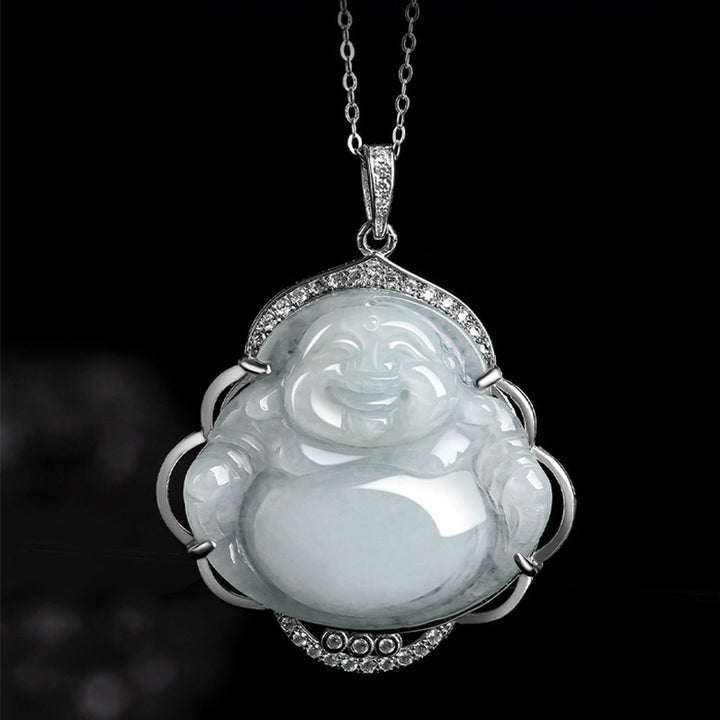 Collar con colgante de plata de ley 925 con Buddha Stones , diseño de Buda sonriente, jade natural - image 4