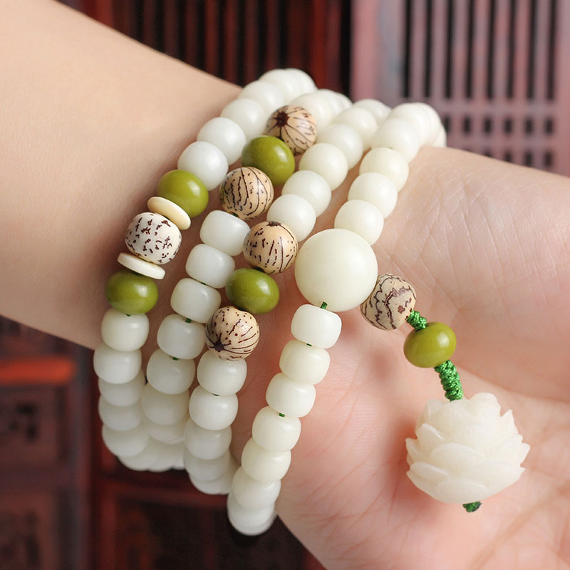 Buddha Stones Jade Blanco Bodhi Lotus Mala Armonía Collar Pulsera