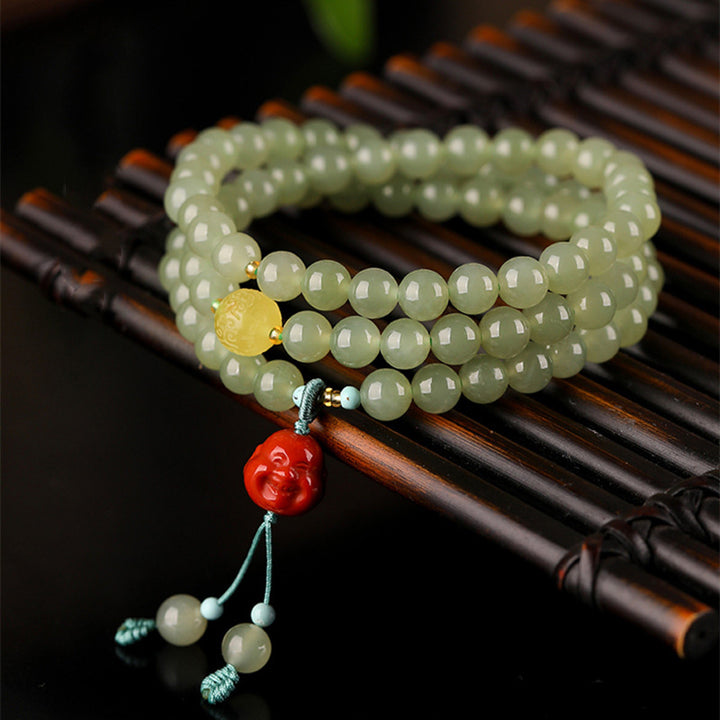 Pulsera de prosperidad de Buda sonriente de ámbar y ágata roja de jade