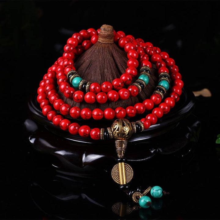 Pulsera con collar de la suerte, mala tibetana, Buddha Stones , color rojo y turquesa