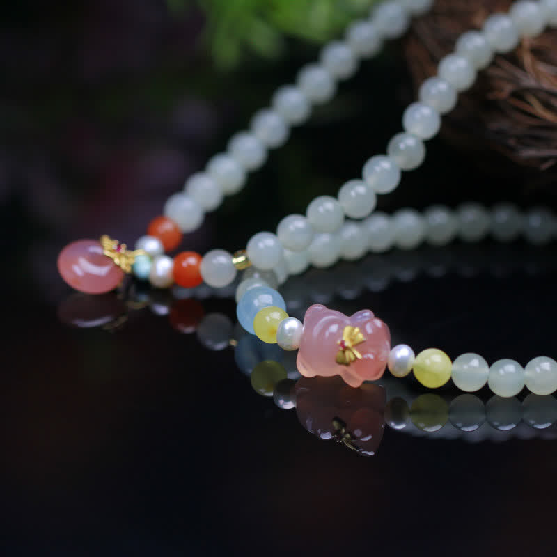 Pulsera de abundancia de felicidad con hebilla de paz de cristal rosa de Jade Natural Hetian