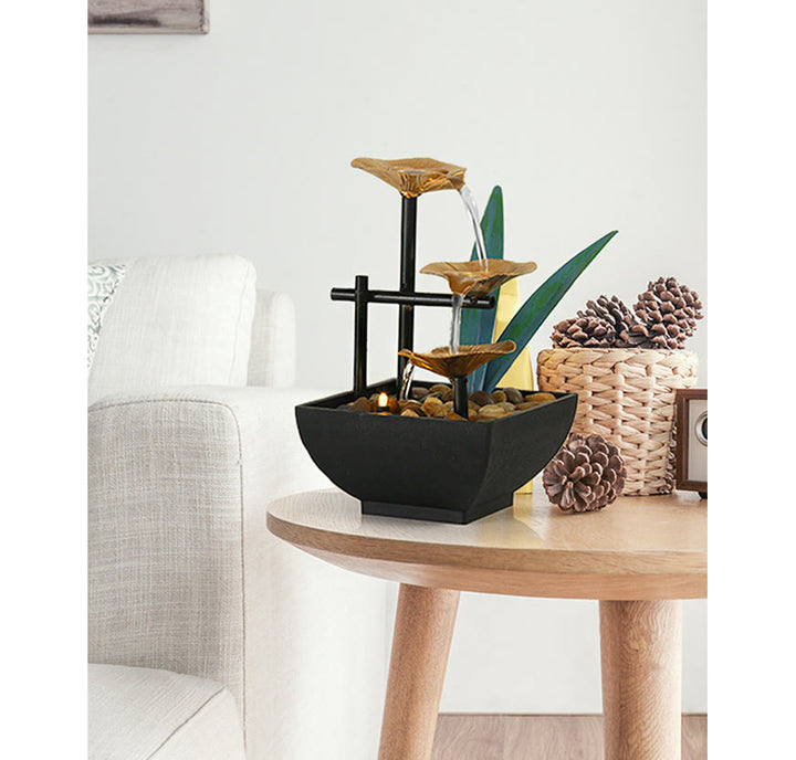 Adornos de loto de mesa de fuente de cascada de tres capas con decoración de escritorio de rocas de río