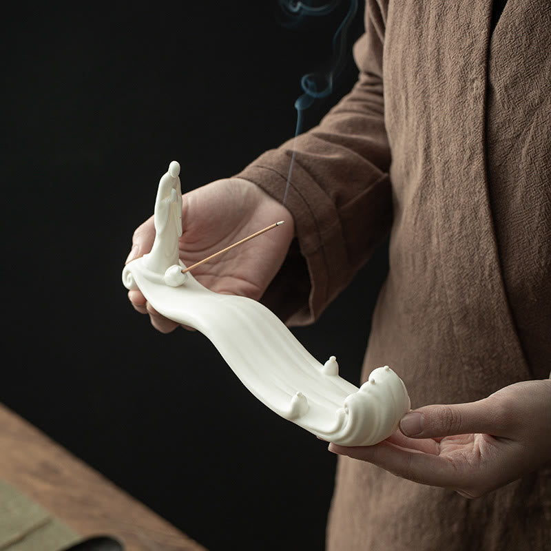 Quemador de incienso de cerámica con bendición de montaña, ola de mar, monje Buda, decoración