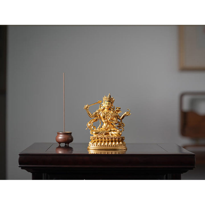 Estatuilla de oro Manjusri Bodhisattva de cuatro brazos, estatua de cobre de serenidad y compasión, decoración del hogar