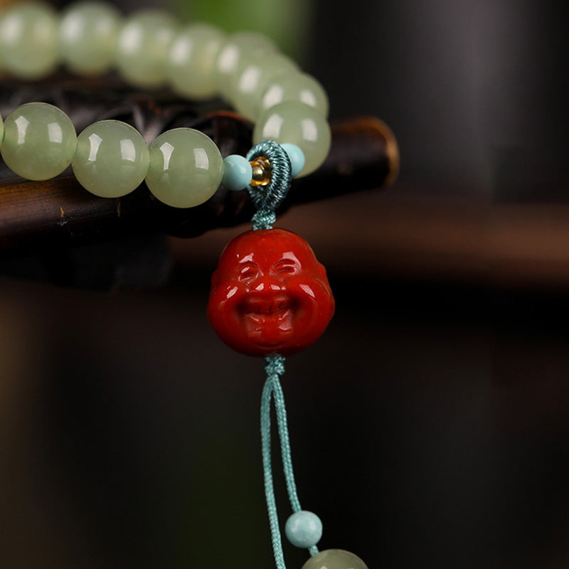 Pulsera de prosperidad de Buda sonriente de ámbar y ágata roja de jade