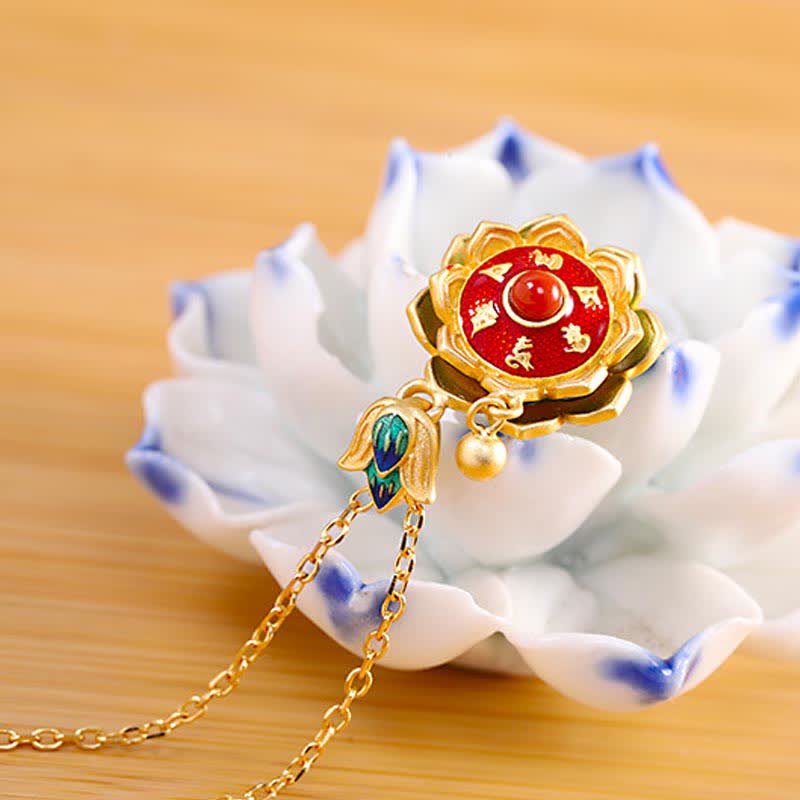 Colgante de plata de ley 925 con rueda de oración de loto del Tíbet y ágata roja - image 3