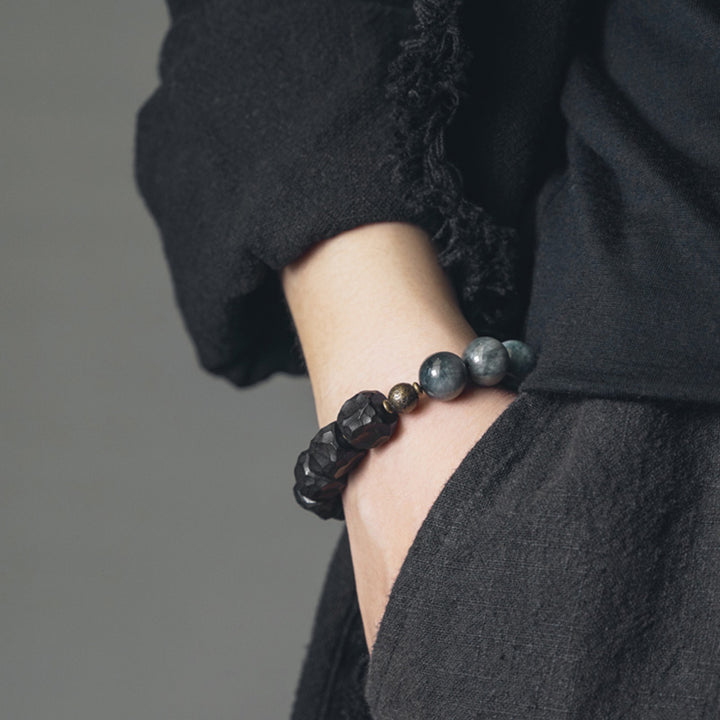 Pulsera de pareja de confianza con Buddha Stones, piedra ojo de águila, madera de ébano, cobre