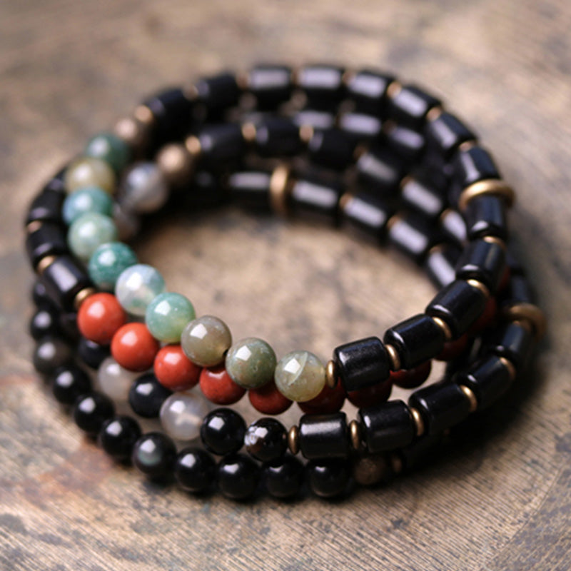 Pulsera de pareja de paz con Buddha Stones, madera de ébano, jaspe rojo, ágata de musgo, cristal, cobre