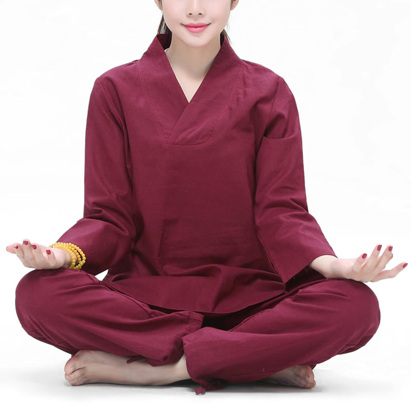 Conjunto de ropa de lino y algodón para mujer, uniforme con diseño de Buddha Stones, práctica Zen, Yoga, meditación, oración, cuello en V - Rojo oscuro - US6,UK/AU10,EU38 (2XL) - image 0