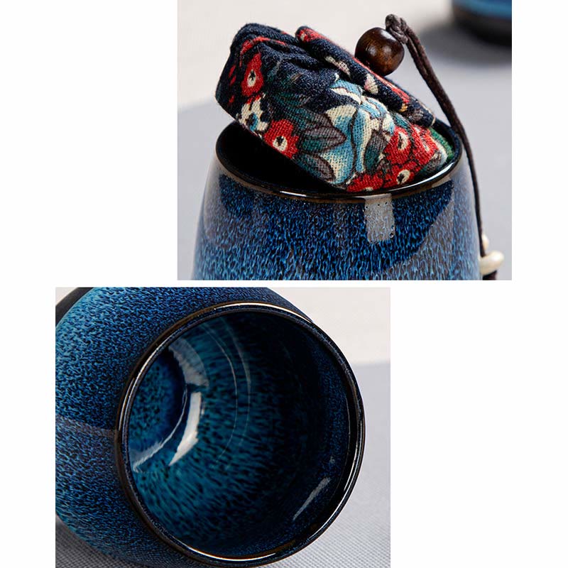 Juego de caja con bolsa de regalo portátil, tetera de cerámica de té Gongfu chino, Color degradado en azul, Buddha Stones