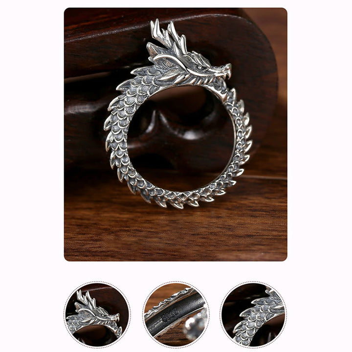 Anillo ajustable de plata de ley 925 con Buddha Stones , diseño vintage de dragón, protección del éxito, fuerza