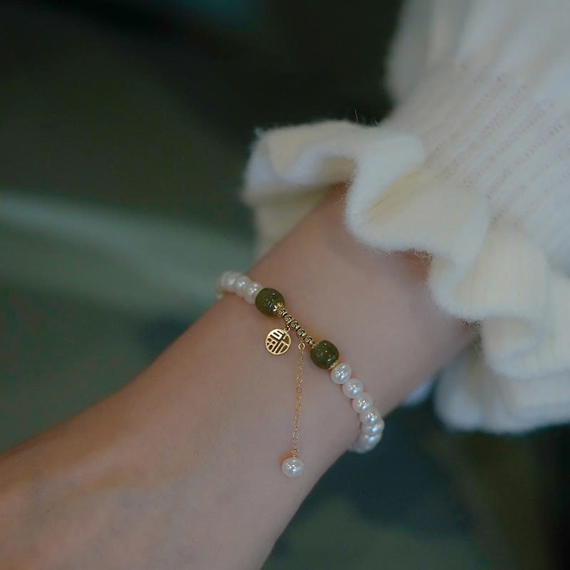 Pulsera de cuentas de sabiduría de felicidad de jade hetiano de perlas naturales