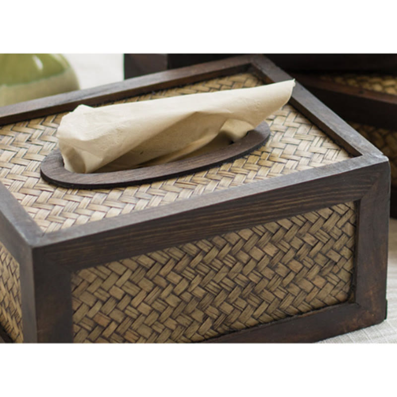 Caja de pañuelos de madera tejida de bambú hecha a mano, soporte de madera para pañuelos, cajas de toallitas, decoración