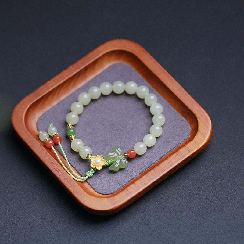 Pulsera de mariposa y flor de la suerte de jade de plata de ley 925 con Buddha Stones