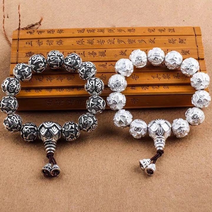 Pulsera de amuleto de cuentas de aleación talladas Om Mani Padme Hum tibetano con Buddha Stones
