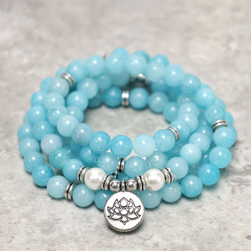 Buddha Stones Pulsera de Mala de Loto Curativo de Piedra Amazonita Natural
