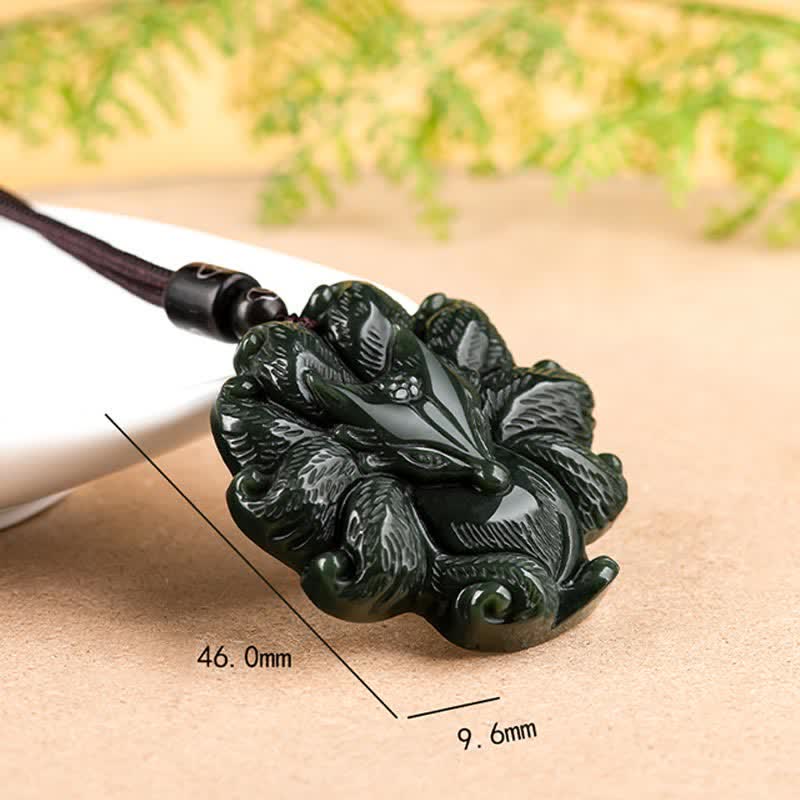 Colgante de cadena con collar de suerte de zorro de nueve colas de jade cian hetiano