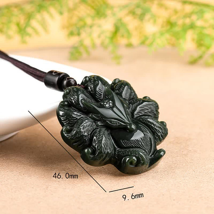 Colgante de cadena con collar de suerte de zorro de nueve colas de jade cian hetiano