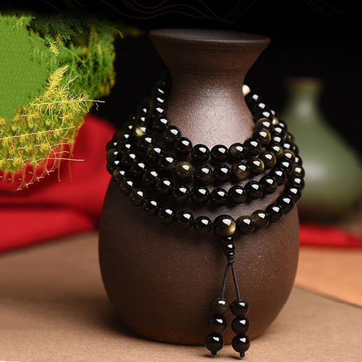Pulsera de riqueza de obsidiana con brillo de oro natural, cuentas de Mala, 108 Buddha Stones