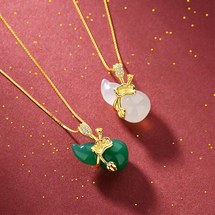 Collar con colgante de abundancia de hojas de loto y calabaza de jade cian con Buddha Stones - image 3