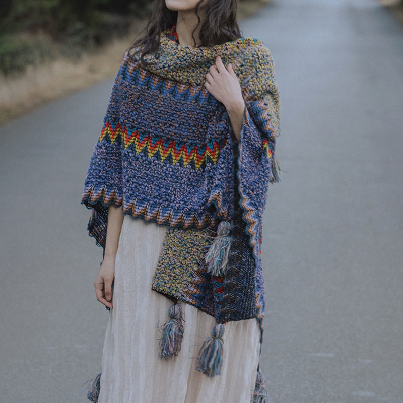 Mantón tibetano de Buddha Stones, capa de punto suave y cálida, bufanda tibetana con borlas de invierno