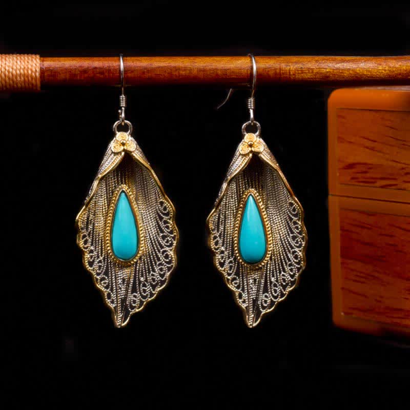 Pendientes colgantes de plata de ley 925 con diseño de hoja de Bodhi turquesa