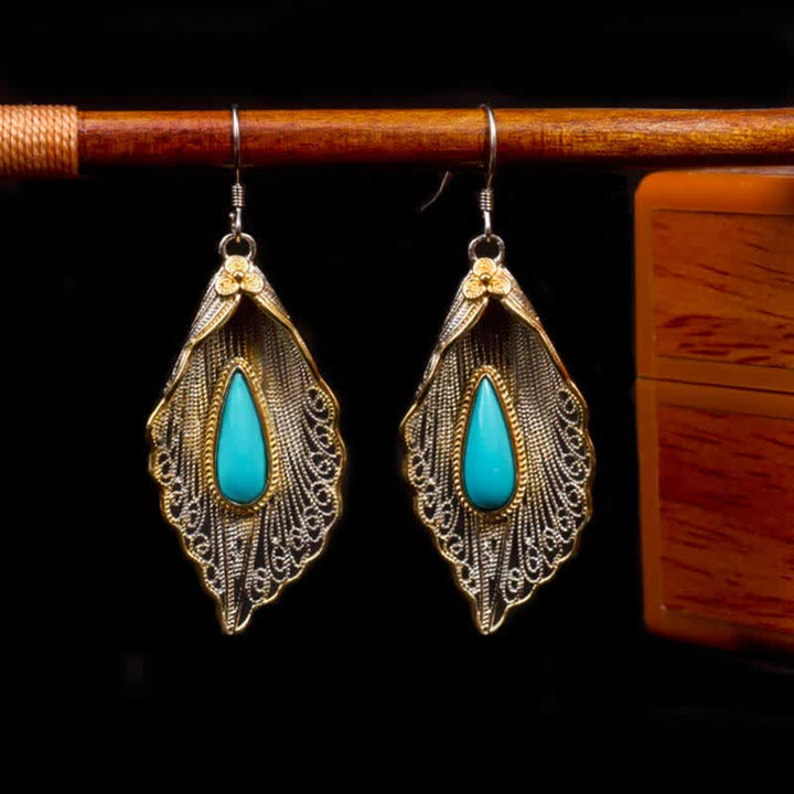 Pendientes colgantes de plata de ley 925 con diseño de hoja de Bodhi turquesa