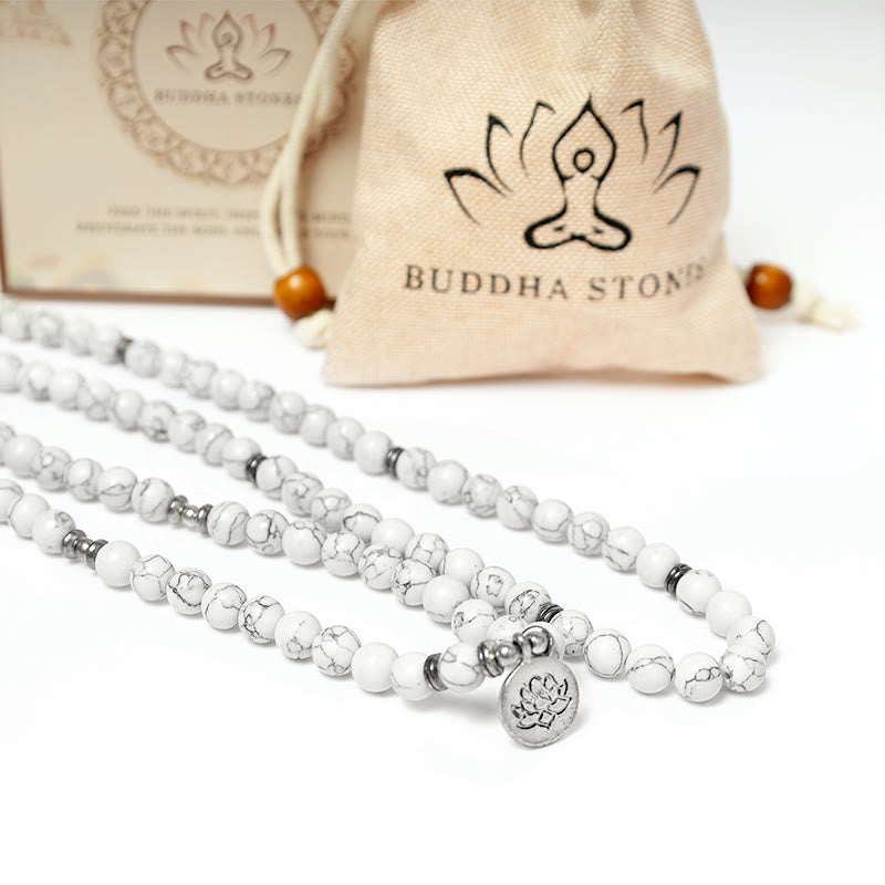 Pulsera curativa de mala de loto turquesa blanca con Buddha Stones