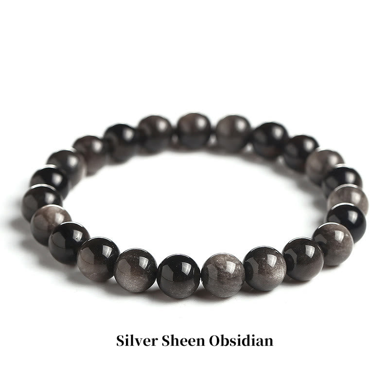 Pulsera de cuentas curativas de cuarzo con piedra natural de piedras de Buddha Stones - 8 mm - Obsidiana con brillo plateado - image 7