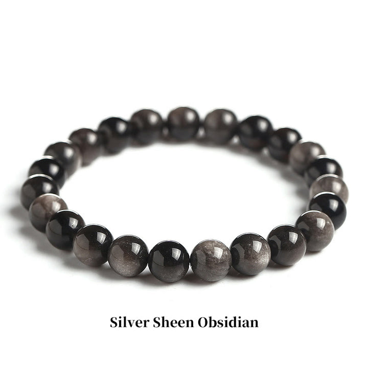 Pulsera de cuentas curativas de cuarzo con piedra natural de piedras de Buddha Stones - 8 mm - Obsidiana con brillo plateado - image 7